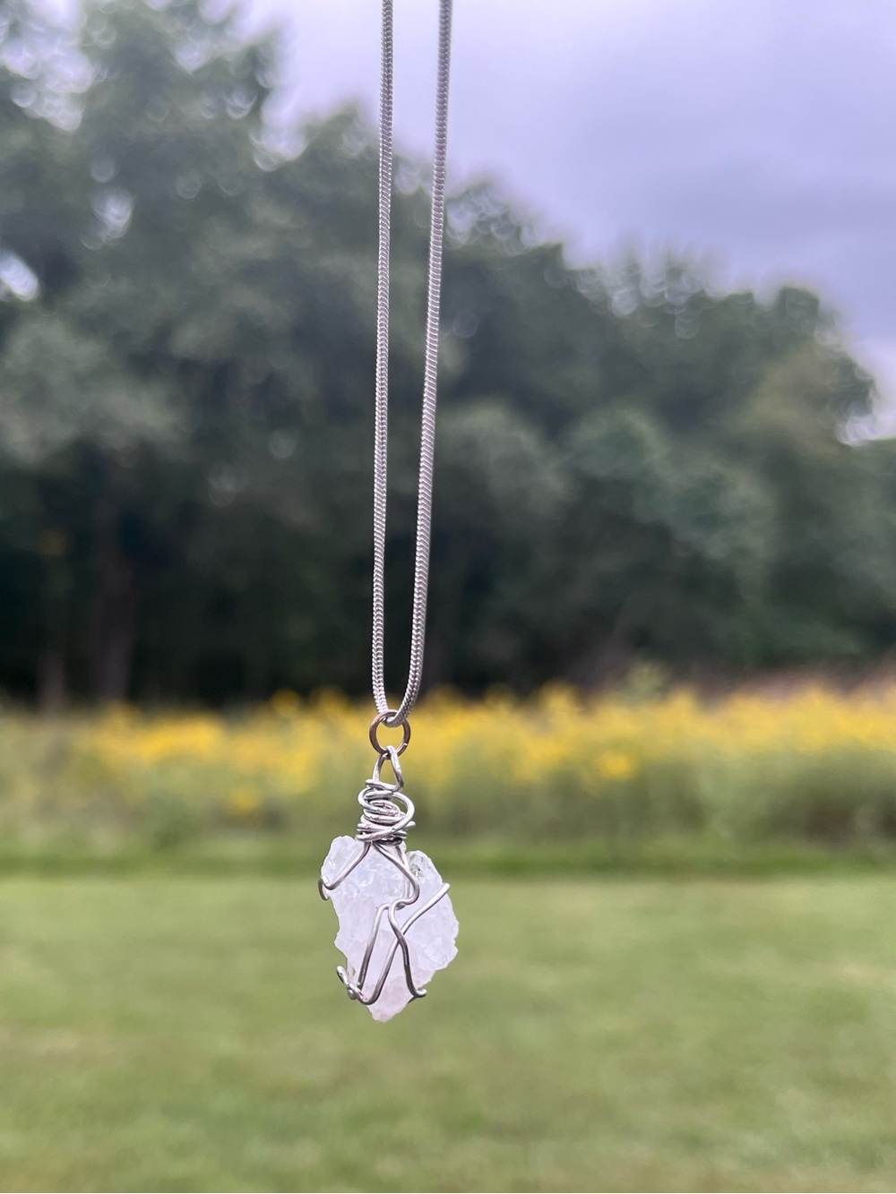 Handcrafted Clear Quartz Pendant Necklace - Silver 18’’ chain
